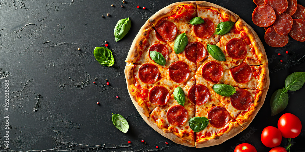 Tasty pepperoni pizza and tomatoes basil