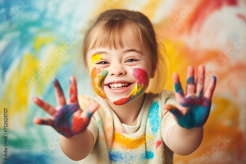 Joyful Child with Down Syndrome Covered in Paint. Celebrating Creativity and Inclusive Education