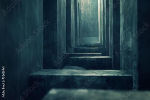 Mysterious dark corridor with steps leading to an unknown destination, perfect for evocative and moody thriller scenes.