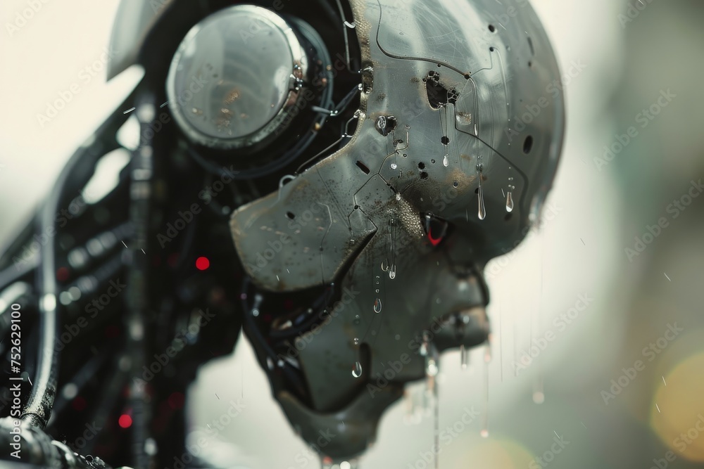 Close-up of a futuristic robot head with water droplets, exploring themes of AI and emotion.

