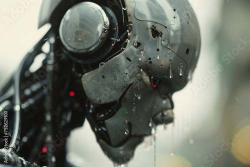 Close-up of a futuristic robot head with water droplets, exploring themes of AI and emotion.