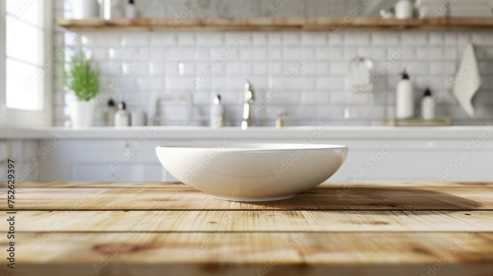 Minimalist Spa Product Display: Empty Wooden Table with Blurred Bathroom Background Minimalist Spa Product Display: Empty Wooden Table with Blurred Bathroom Background