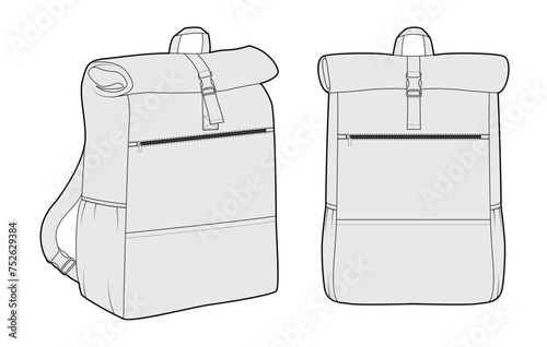 Everyday Expandable backpack silhouette bag. Fashion accessory technical illustration. Vector schoolbag front 3-4 view for Men, women, unisex style, flat handbag CAD mockup sketch outline isolated