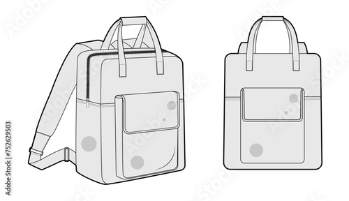 Adventure backpack silhouette bag. Fashion accessory technical illustration. Vector schoolbag front 3-4 view for Men, women, unisex style, flat handbag CAD mockup sketch outline isolated