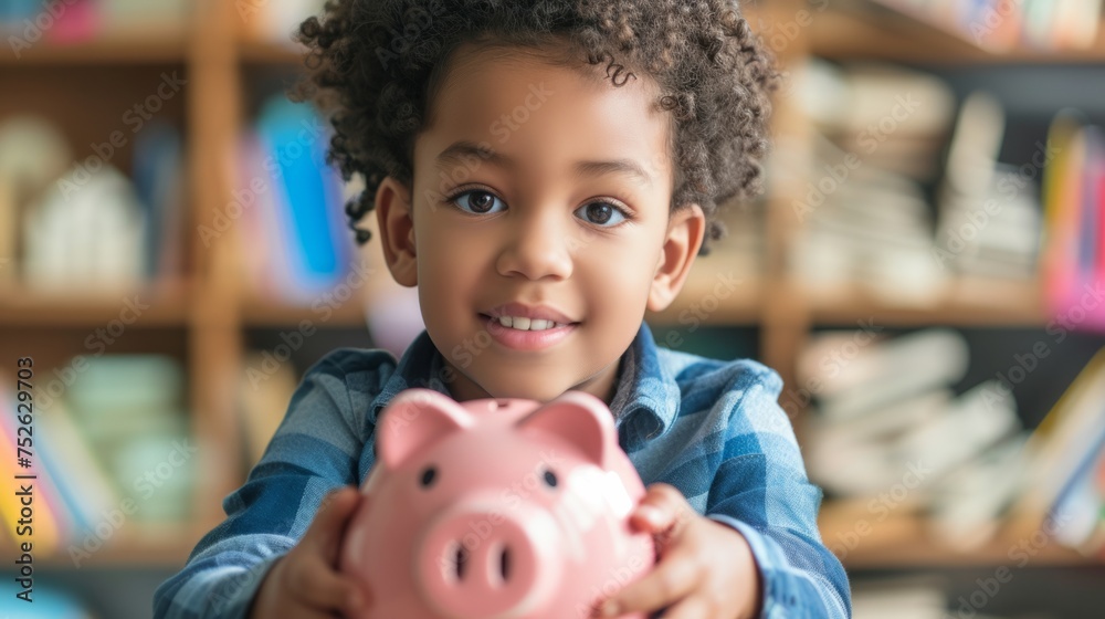 Obraz premium boy learning to save with his piggy bank generative ai
