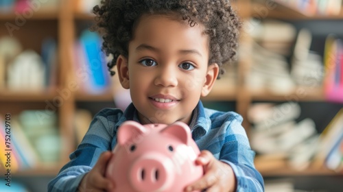 boy learning to save with his piggy bank generative ai