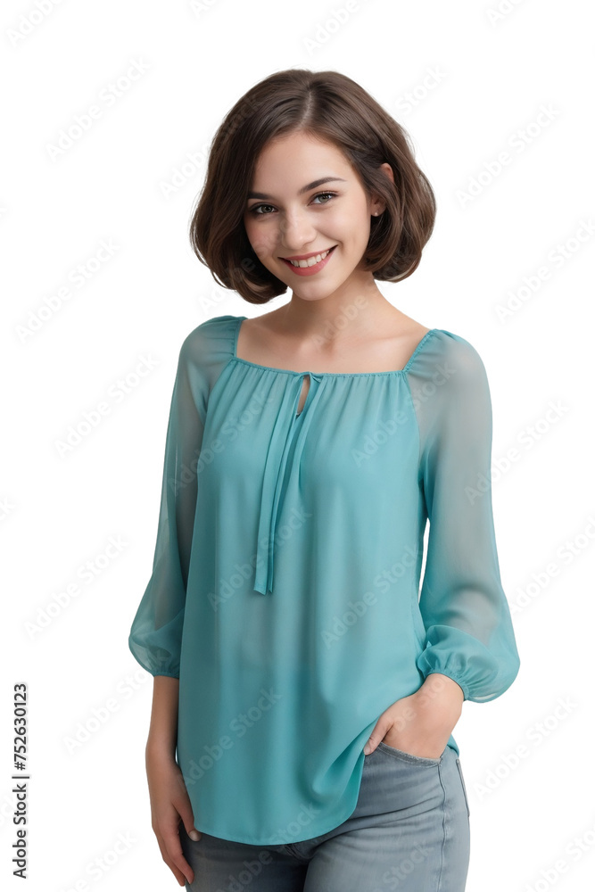 Attractive young woman with a bob hairstyle dressed turquoise blouse smiling and looking at the camera. . isolated, transparent background, no background. PNG. Attractive young woman with a bob hairstyle dressed turquoise blouse smiling and looking at the camera. . isolated, transparent background, no background. PNG.