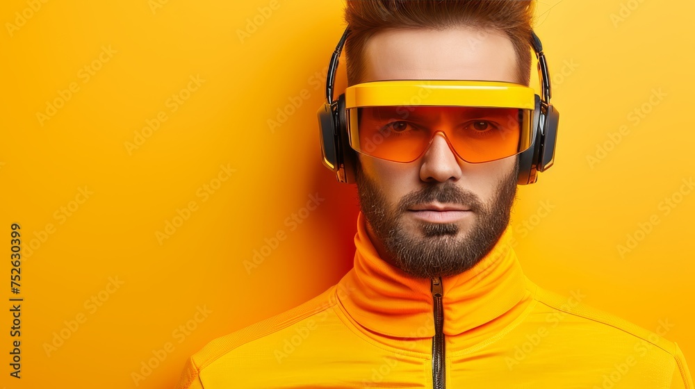 Creative young man wearing high tech glasses and headphones on vibrant solid background Creative young man wearing high tech glasses and headphones on vibrant solid background