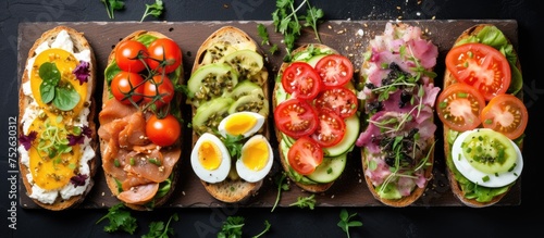 Various types of food items, including prepared open sandwiches with healthy toppings, are neatly arranged on a table in a flat layout.