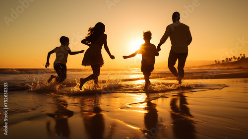 Silhouette of Family Enjoying Sunset Beach Stroll. Togetherness and Coastal Leisure Concept
