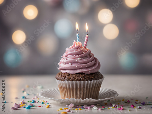 Delicious birthday cupcake on table on soft light 