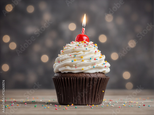 Delicious birthday cupcake on table on soft light 