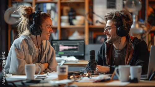 Podcaster young women and men make conversation in podcast room with microphone and headset