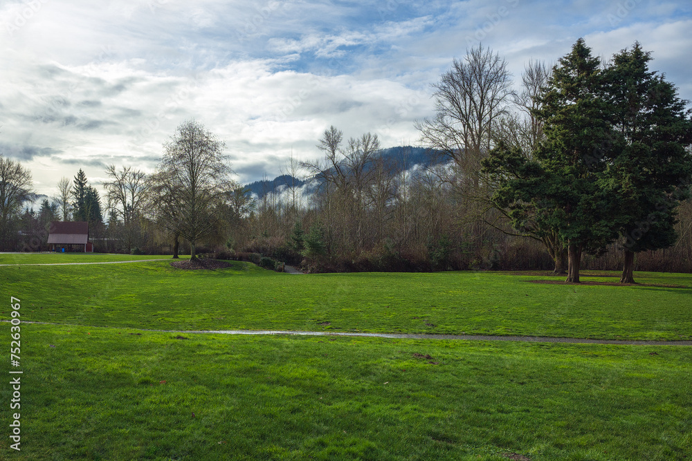 2024-02-20 CONFLUENCE PARK IN ISSAQUAH WASHINGTON WITH LUSH GREEN GRASS AND TREES WITH A CLOUDY SKY