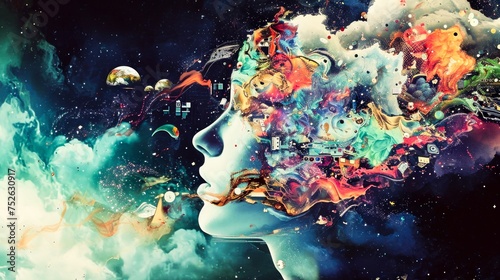 A surreal portrait of a human profile, amalgamating cosmic and earthly elements, evoking a universe within.