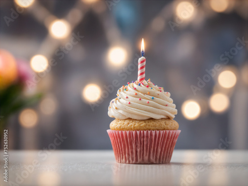 Delicious birthday cupcake on table on soft light 
