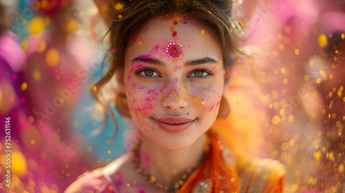 Holi festival. Close-up of a woman's face covered with vibrant Holi powder, eyes shining with joy during the festive celebration of colors.