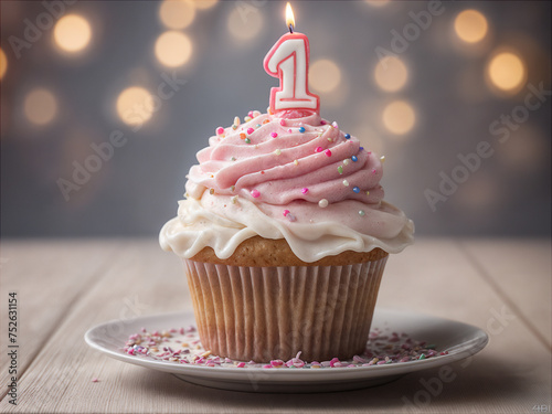 Delicious birthday cupcake on table on soft light 