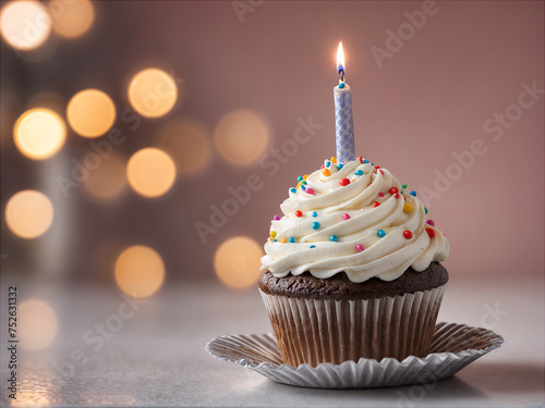 Delicious birthday cupcake on table on soft light 