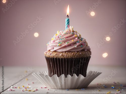 Delicious birthday cupcake on table on soft light 