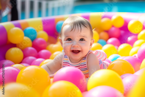 Joyful Baby Girl Playing in a Colorful Ball Pit - Joyful Childhood and Playtime Concept