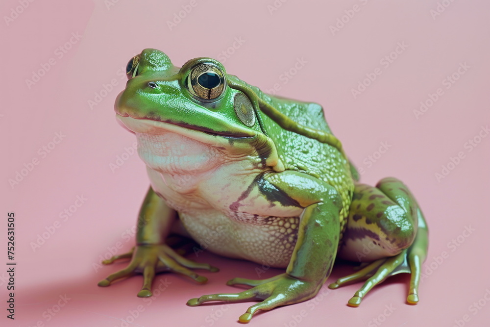 Fototapeta premium Green frog on the pink background