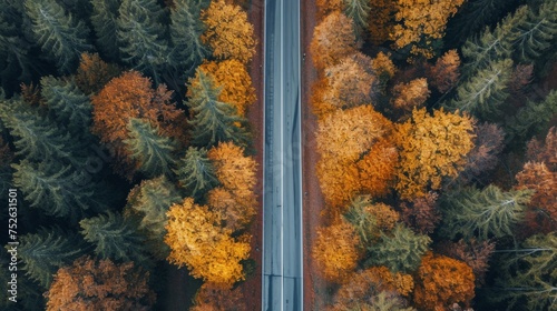 straight road through an autumnal forest generative ai © Francheska