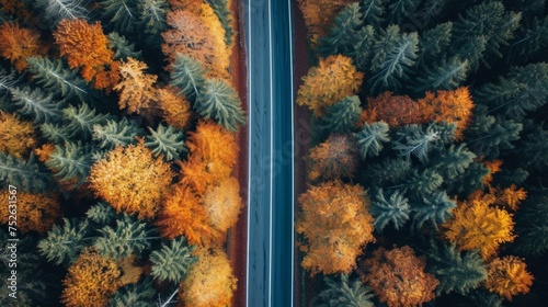 straight road through an autumnal forest generative ai