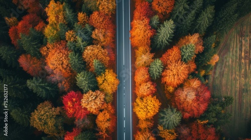 straight road through an autumnal forest generative ai © Francheska