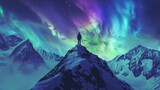 A hiker standing on tip of mountain top with majestic view of snow mountain and beautiful aurora northern lights in night sky in winter.