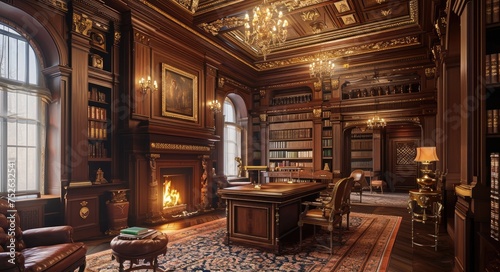 Manor Library: Luxurious Traditional Interior with Mahogany Furniture and Ornate Fireplace photo