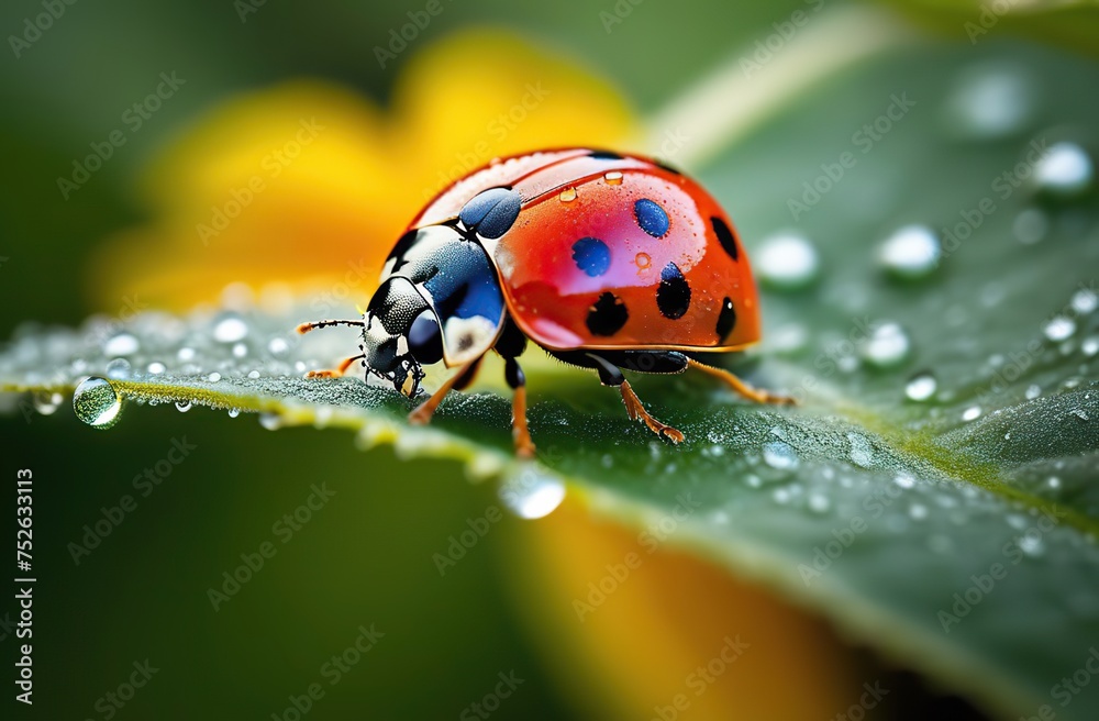 An enchanting ladybug, covered in dew drops, resting on a bright, dew-covered sunflower petal the simplicity of a flower in the gentle, diffused light of early morning, evoking a sense of wonder and f An enchanting ladybug, covered in dew drops, resting on a bright, dew-covered sunflower petal the simplicity of a flower in the gentle, diffused light of early morning, evoking a sense of wonder and f