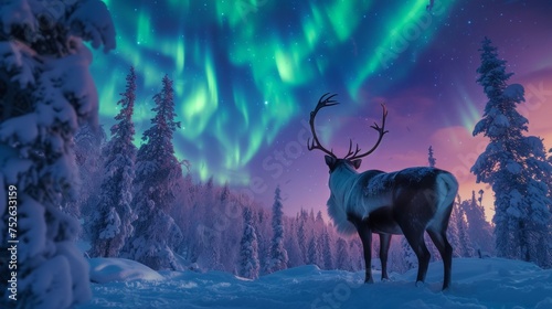 Reindeer in snow forest with beautiful aurora northern lights in night sky with snow forest in winter.