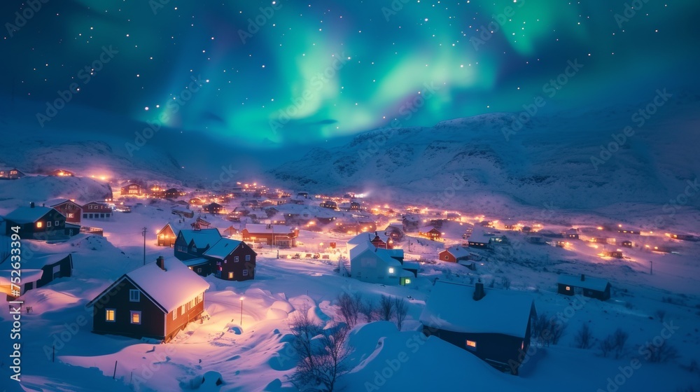 Naklejka premium Village houses and lights with snow mountains and beautiful aurora northern lights in night sky in winter.
