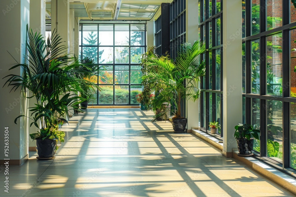 hallway in an office building with big windows and plants hallway in an office building with big windows and plants