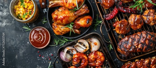 The image shows a variety of dishes spread out on a table, showcasing a selection of different types of food. The table is filled with a colorful array of meals, including fruits, vegetables, meats