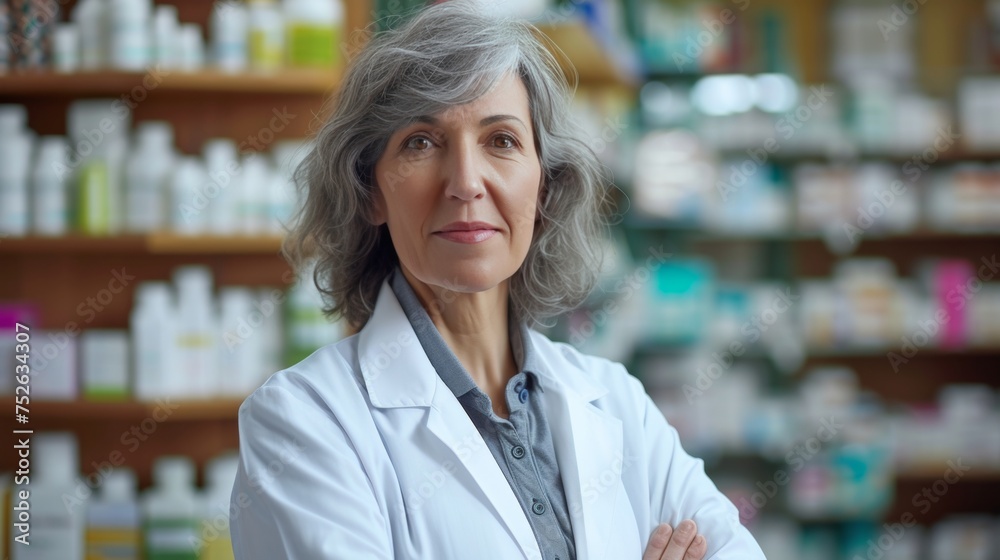 Portrait of a senior female smiling pharmacist in a drug store