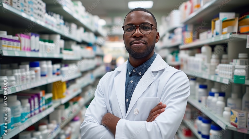 Portrait of smiling Africa-American male pharmacist in a drug store