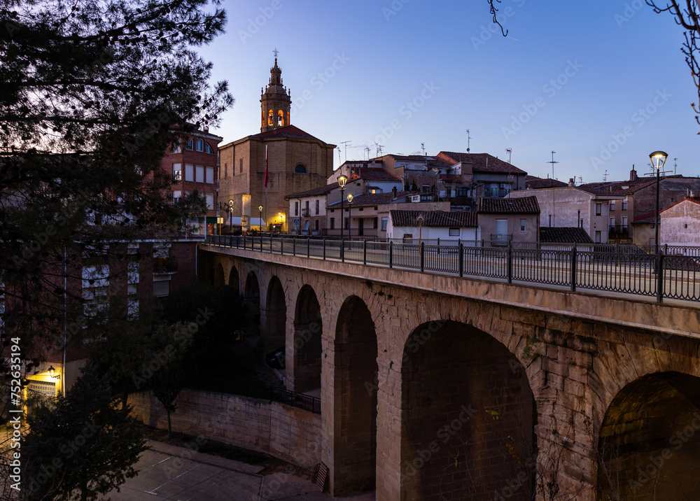 View of bridge and Church of San Martin in Cenicero, La Rioja, Spain