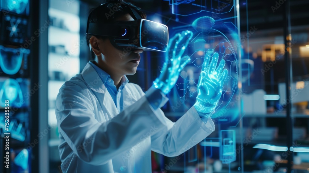Research scientist working on experiment in a biochemistry lab with the help of VR AR technology Research scientist working on experiment in a biochemistry lab with the help of VR AR technology