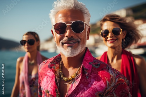 Portrait of a joyful senior man with distinguished grey hair smiling on a pier near the sea, with two young women in colorful tropical shirts by his side, under a clear blue sky.