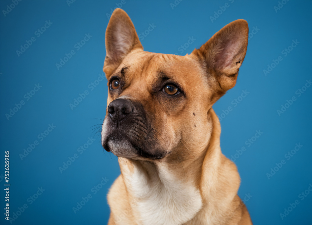 Dog with brown eyes looks up, blue background