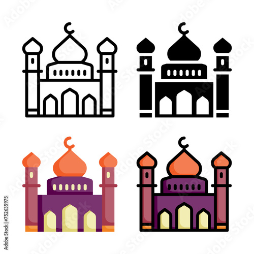 Mosque icon set style collection in line, solid, flat, flat line style on white background