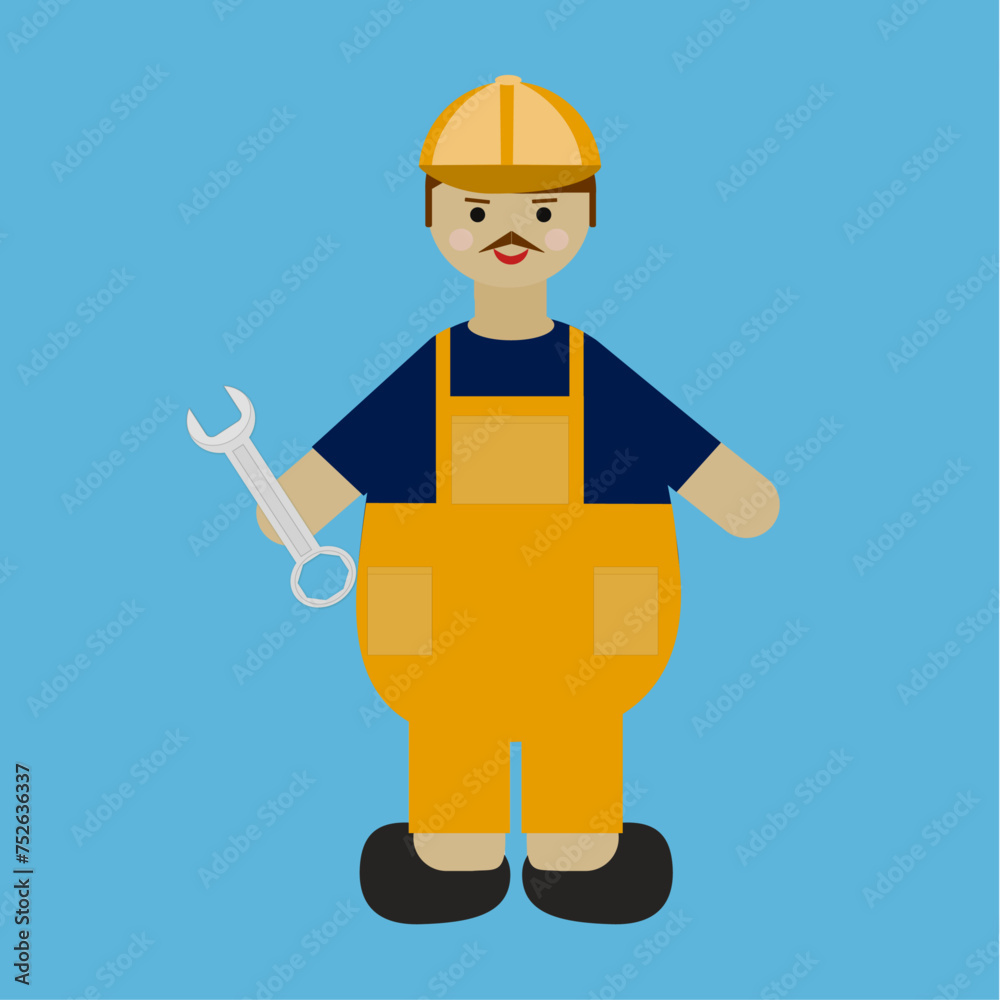 a plumber in orange overalls and a cap with a wrench. vector  illustration