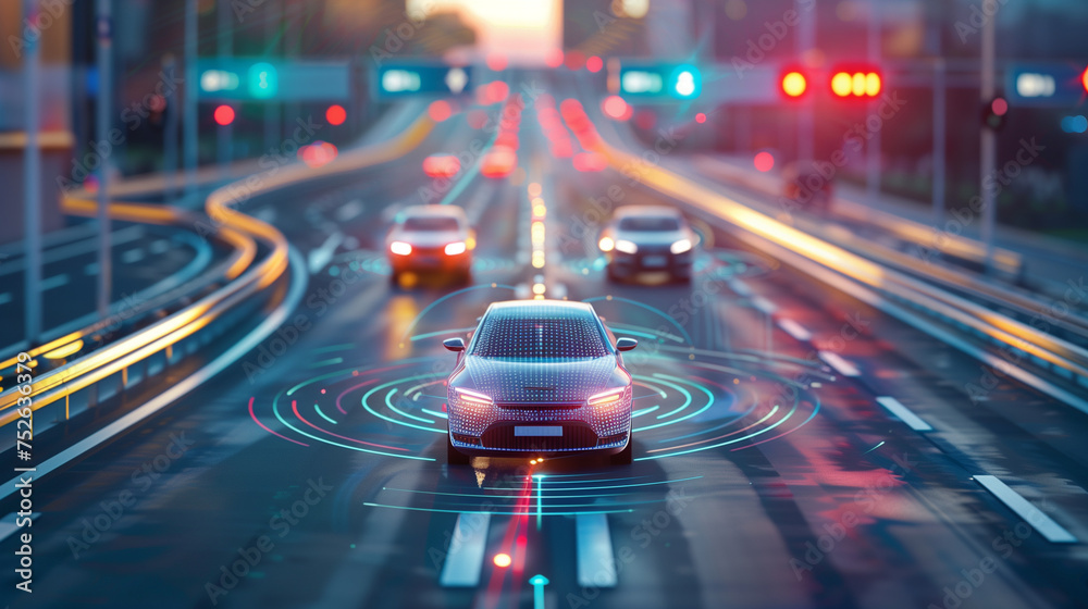 © Fokke Baarssen - Sensing system and wireless communication network of vehicle. Autonomous car. Driverless car. Self driving vehicle. highway road with self-driving cars with signals around the cars, smart ransport © Fokke Baarssen - Sensing system and wireless communication network of vehicle. Autonomous car. Driverless car. Self driving vehicle. highway road with self-driving cars with signals around the cars, smart ransport