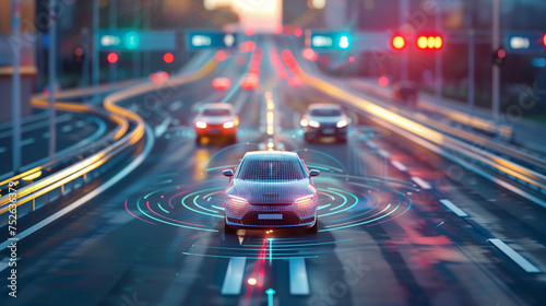 Sensing system and wireless communication network of vehicle. Autonomous car. Driverless car. Self driving vehicle. highway road with self-driving cars with signals around the cars, smart ransport photo