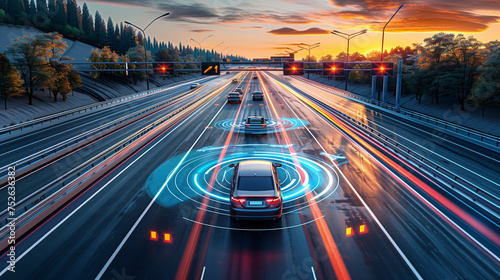 Sensing system and wireless communication network of vehicle. Autonomous car. Driverless car. Self driving vehicle. highway road with self-driving cars with signals around the cars at sunset photo
