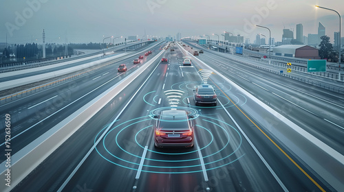 Sensing system and wireless communication network of vehicle. Autonomous car. Driverless car. Self driving vehicle. highway road with self-driving cars with signals around the cars