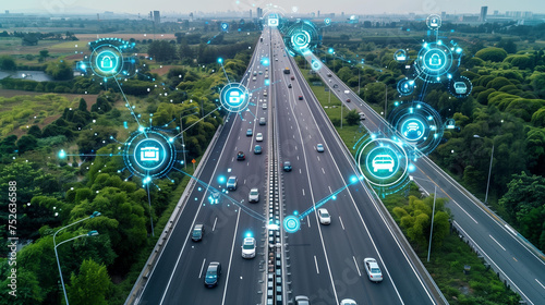 Social infrastructure and communication technology concept. IoT(Internet of Things). Autonomous transportation. top view of the highway with floating icons around, self driving auto
