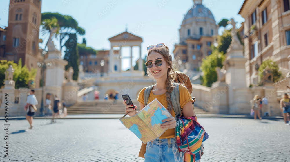 Fototapeta premium Women on a city trip in Rome with a mobile phone and a city map, a female tourist sightseeing in the city visiting the highlight landmarks of Rome Italy, a woman visiting the Spanish steps